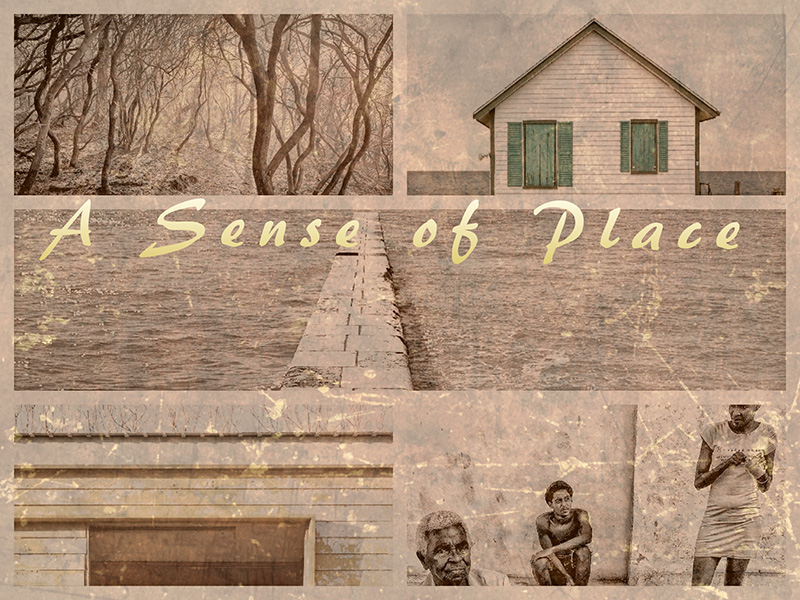 Faded grey photograph with house upper right. Trees upper left. Head of man and crouching man and a woman standing in lower left: in Group Photo Show: A Sense of Place is written across