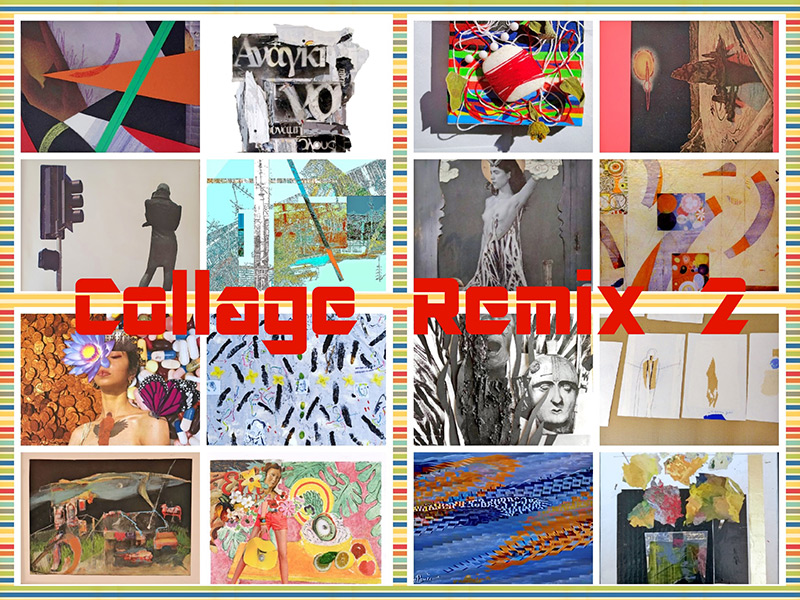 Collage Remix 2 Art group show Collage samples in 16 squares. Collage Remix 2 Art show in red letters written across