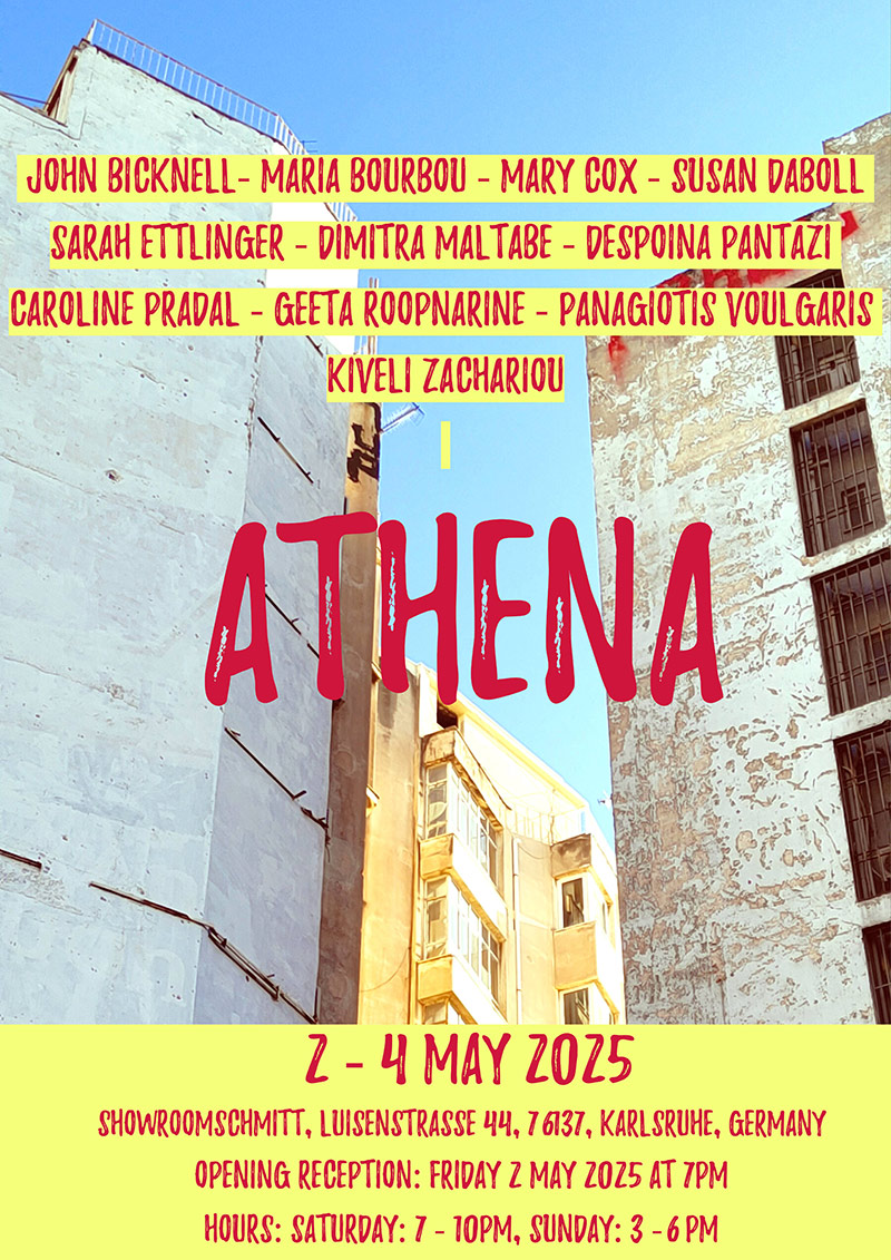 Athena artshow in Showroomschmitt Artshow titled Athena of Athenian and international artists in Karlsruhe. Background photo is typical tall Athenian buildings with yellow incriptions of the title (in red in the middle of the photo) and participating artists names