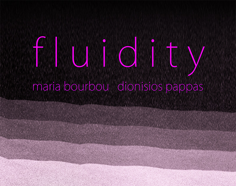Fluidity show in Fokianou Art Space by Maria Bourbou and Dionisios Pappas Purple wavy abstract design with letters across: Fluidity. Show in Fokianou Art Space by Maria Bourbou and Dionisios Pappas