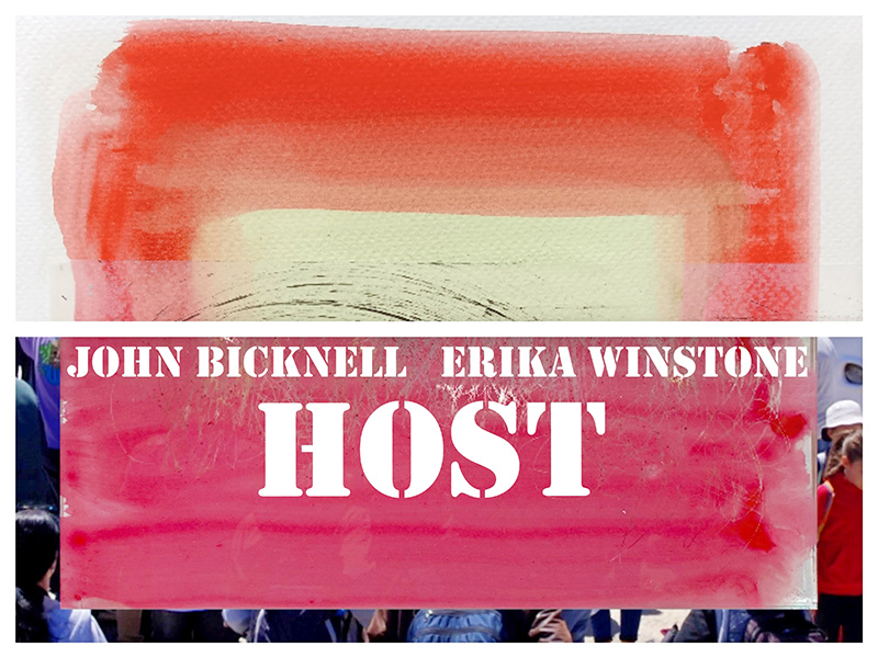 Art Show: Host by John Bicknell and Erika Winstone Two part paintings divided by white horizontal line. Top is red square open at bottom filled with white. Bottom is almost a solid fuchsia: Host is written in large white letters and over it John Bicknell Erika Winstone