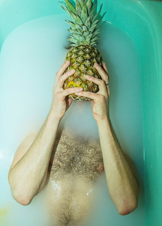 Join Life - Like a Virgin art exhibition Join Life - Like a Virgin exhibition: man half submerged in water with pineapple