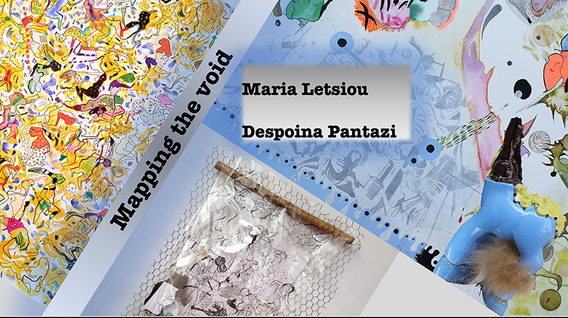 Mapping the Void art show by Maria Latsiou and Despoina Pantazi Biomorphic, geometric drawing - collage in yellow and light blue with inscribed artist names. Mapping the Void art show